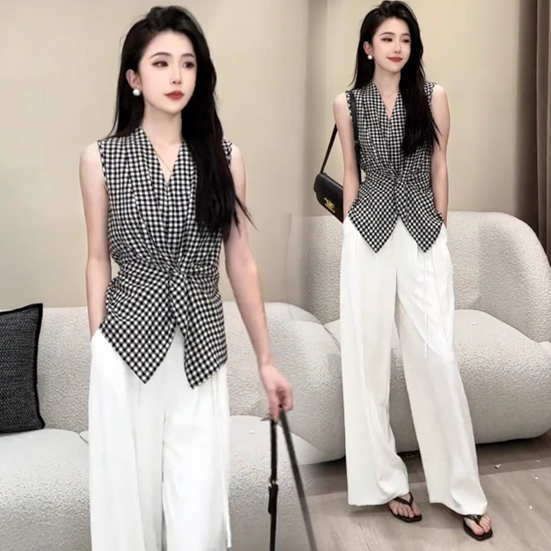 拉夏贝尔法式高级套装女2025夏季撞色荷叶边无袖上衣阔腿裤两件套