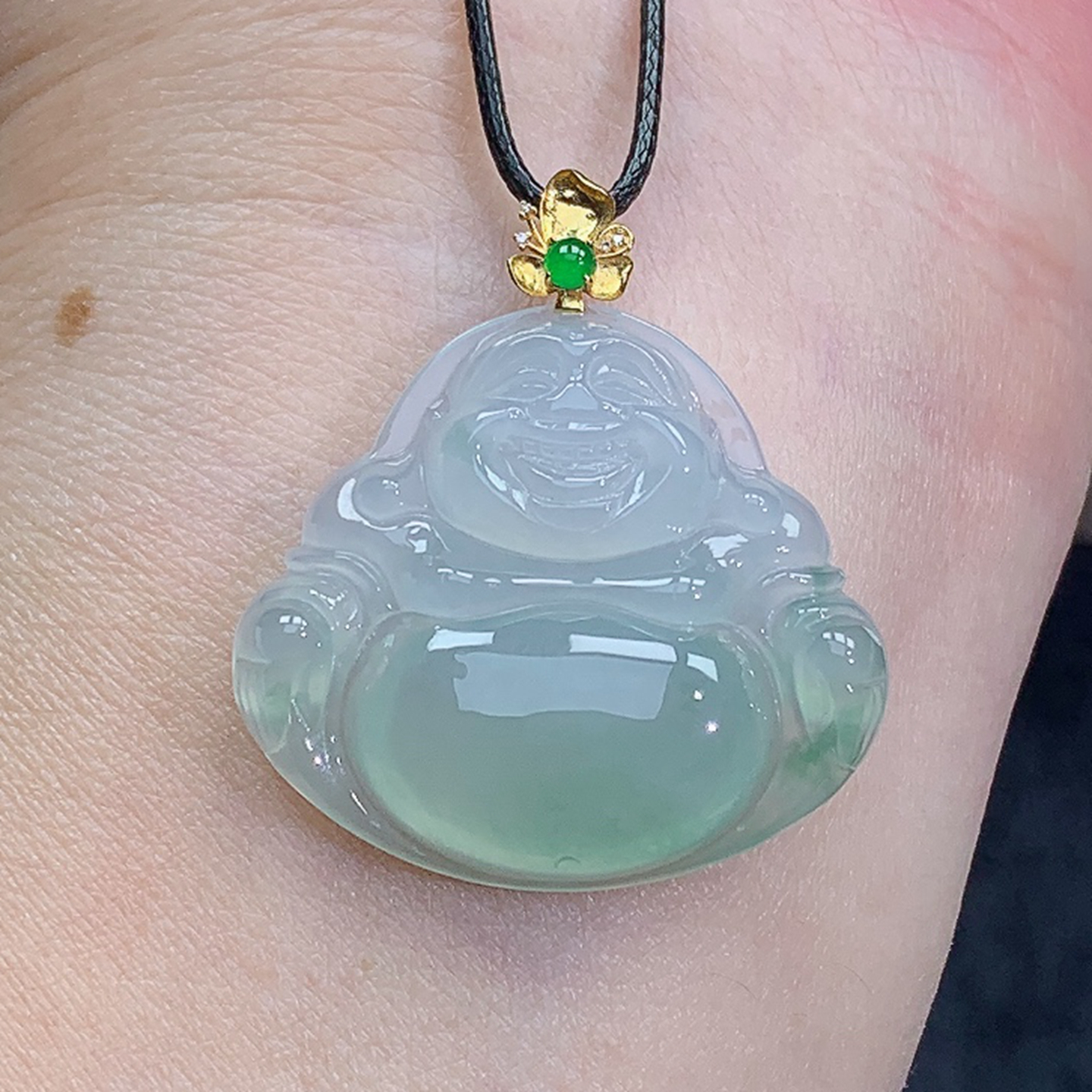 冰润 精雕 冰晴底 18K金扣头佛公吊坠 7.80g缅甸天然A货翡翠玉石