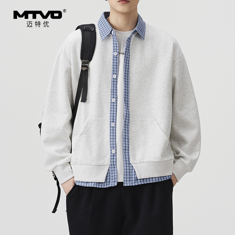 MontVoo/迈特优假两件格子水洗男士秋季拼接常规款休闲卫衣6713