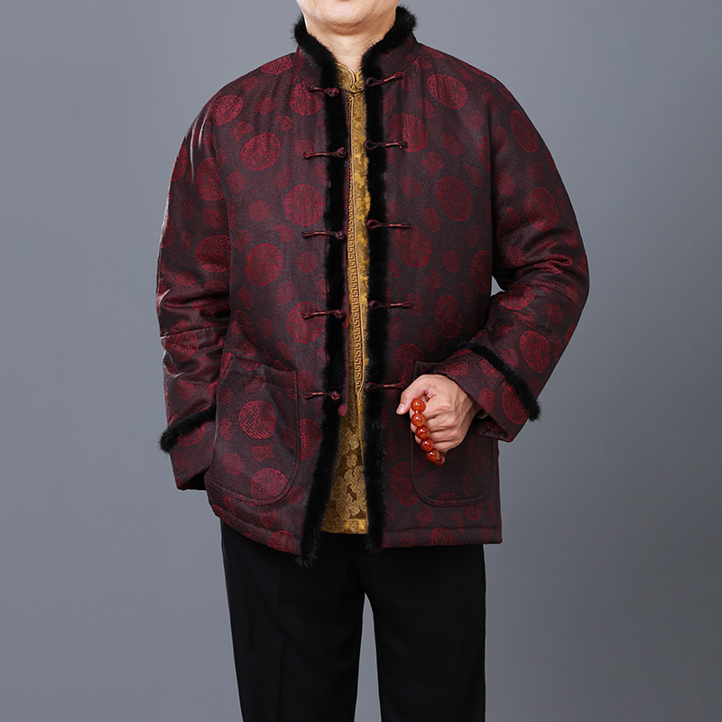 百福龙高档香云纱唐装男中老年貂绒棉服中式盘扣冬季加棉加厚棉袄