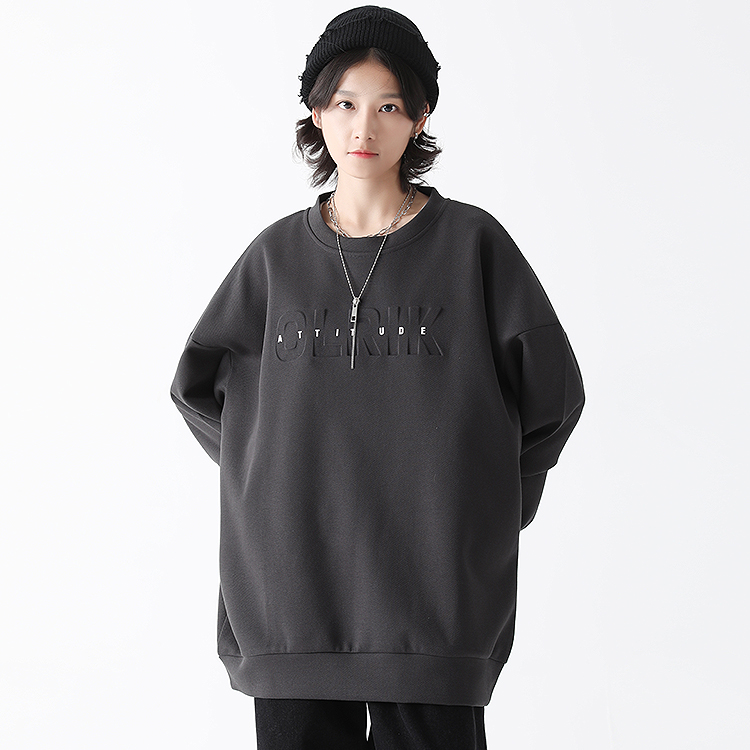 OLRIK春季Logo立体休闲印花纯色宽松落肩套头弹力圆领卫衣2307