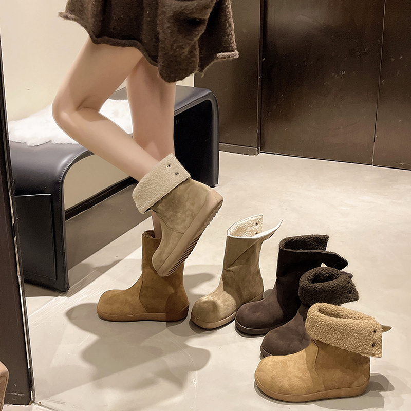 厚底雪地靴女短靴2025冬季新款保暖加绒加厚两穿翻边勃肯棉靴子