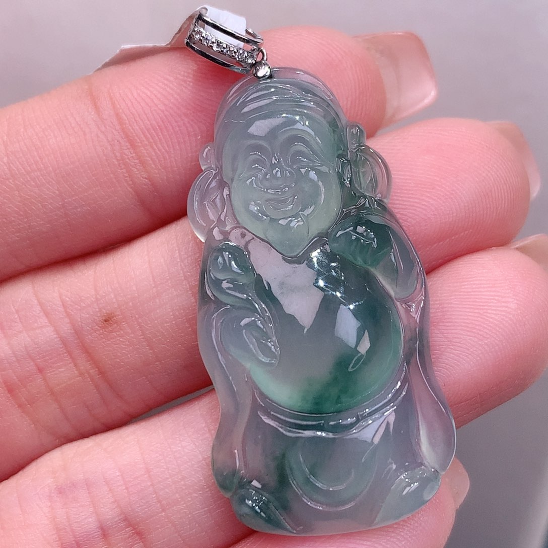 颈饰18K金镶嵌翡翠冰胶飘花财爷