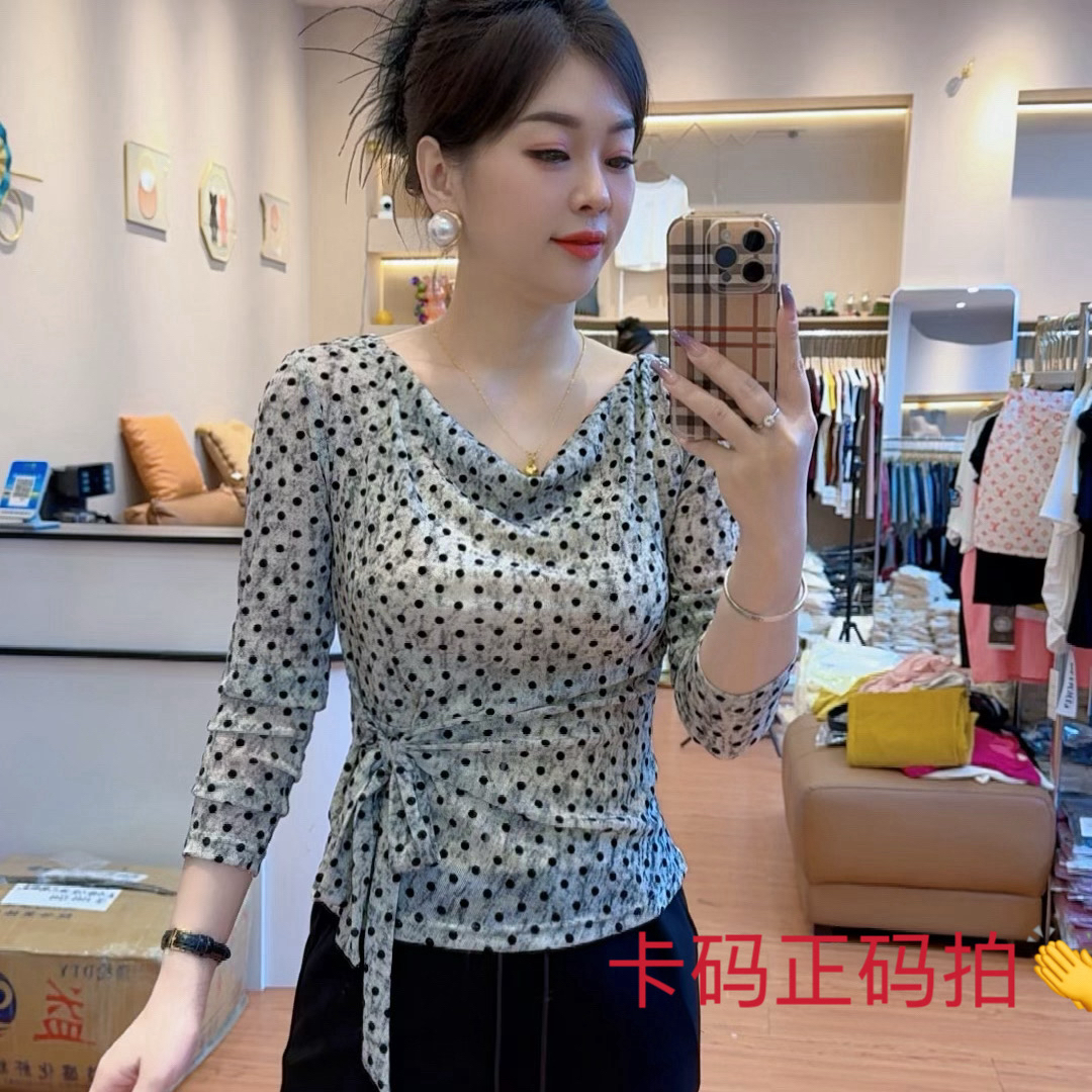 秋季新款荡领长袖波点绑带设计感修身显瘦打底T恤上衣