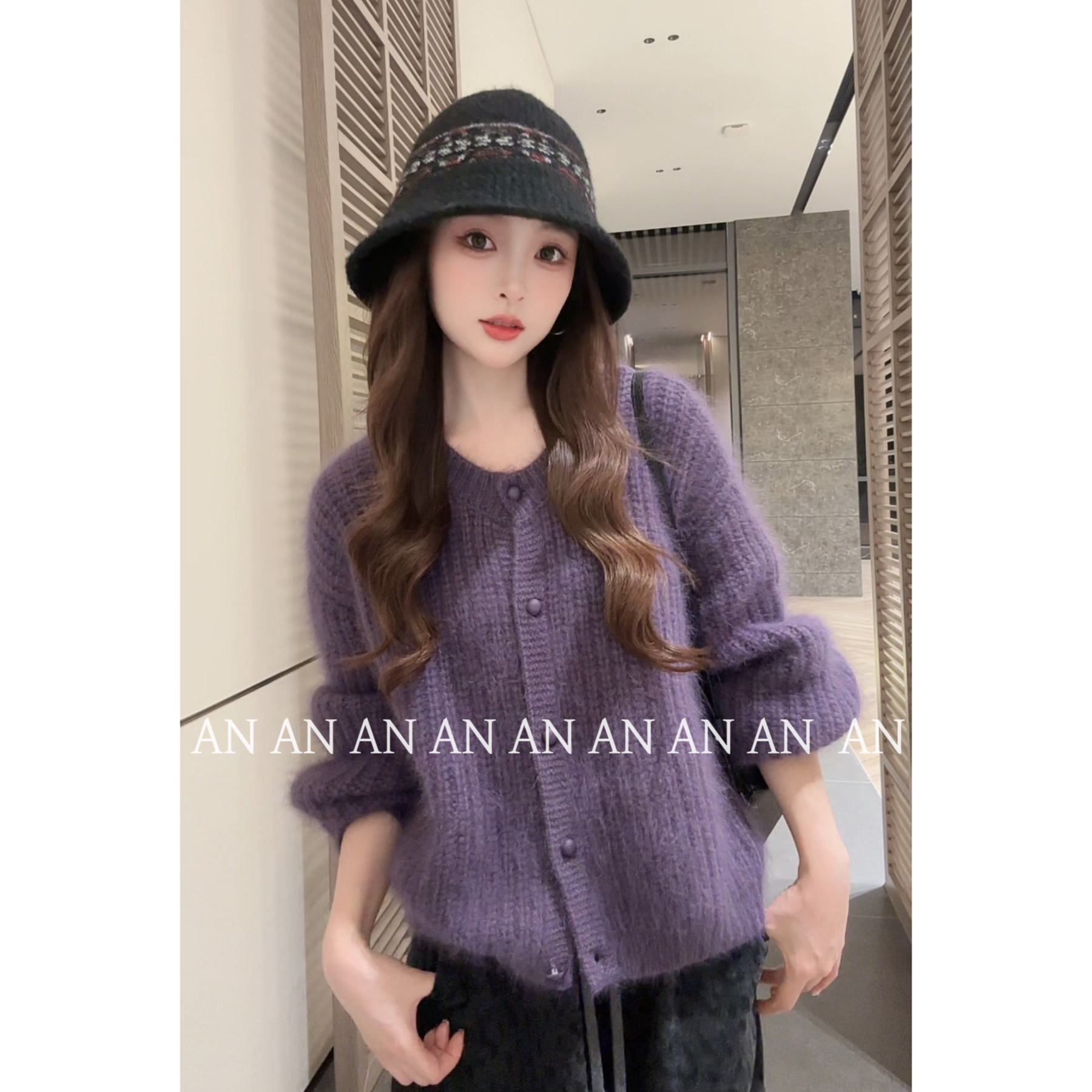 C10094法式温柔系宽松洋气开衫圆领软糯紫色针织毛衣外套