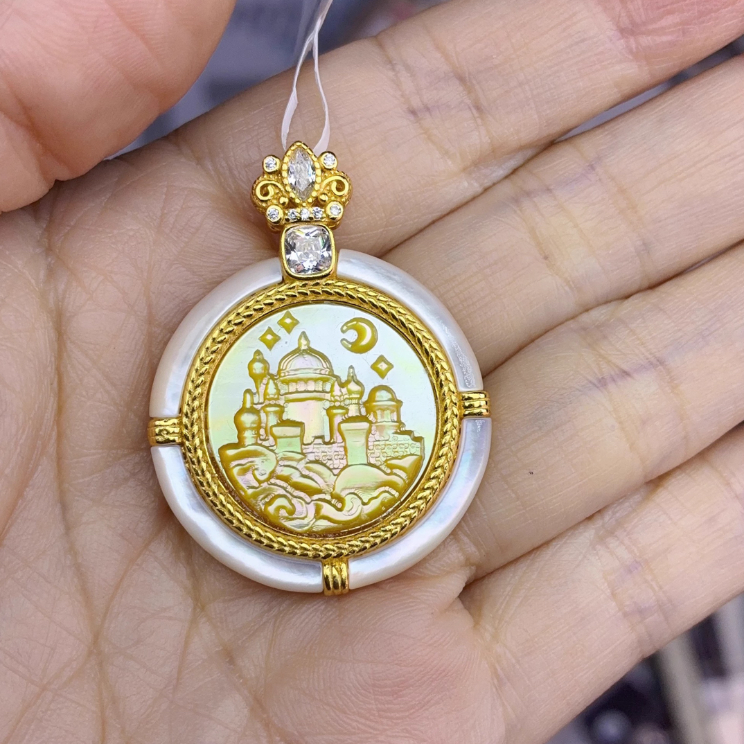 吊坠925银贝壳 通体925银天然金贝水冰月城堡双面吊坠