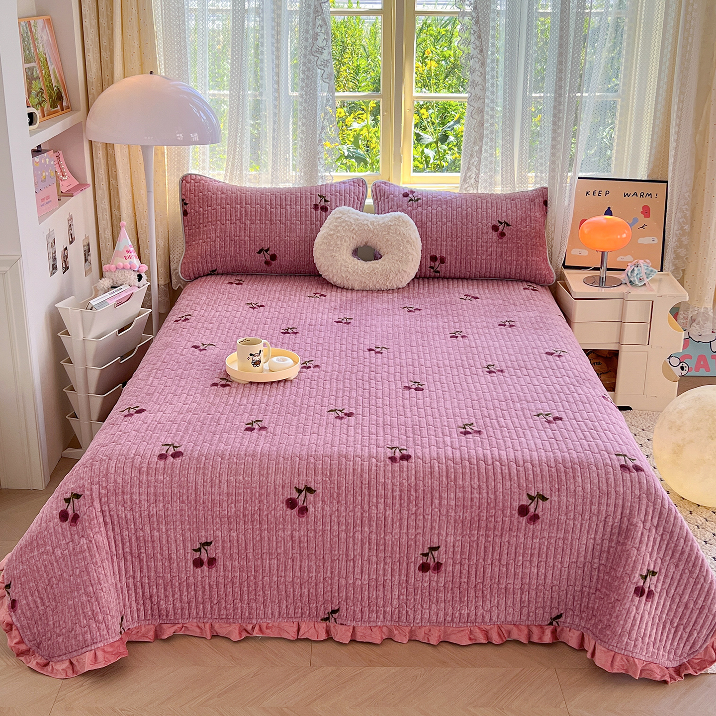 榻榻米牛奶绗缝韩版木耳边家用宿舍秋冬加绒夹棉床盖炕盖加厚防滑