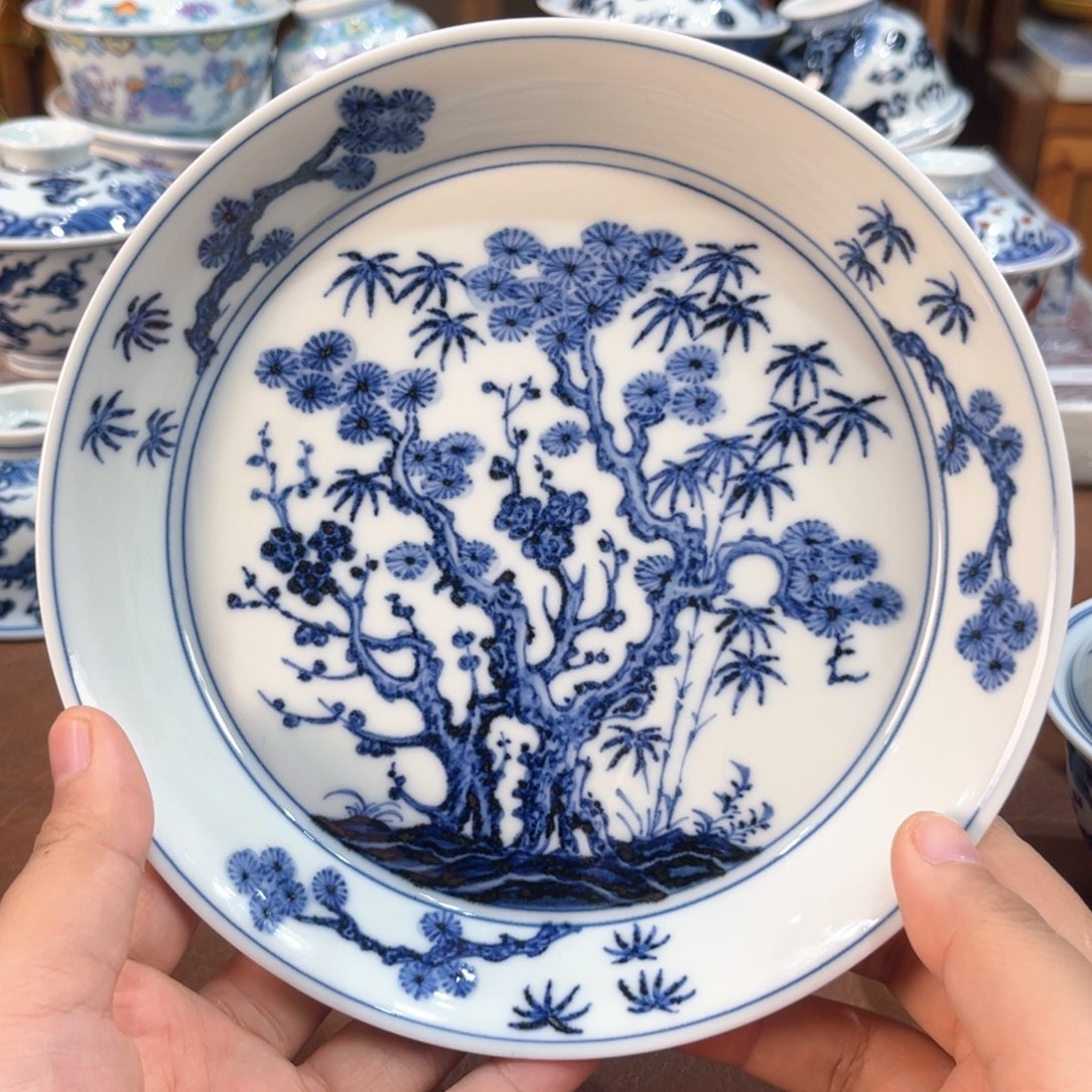 手工手绘柴窑青花松竹梅壶承