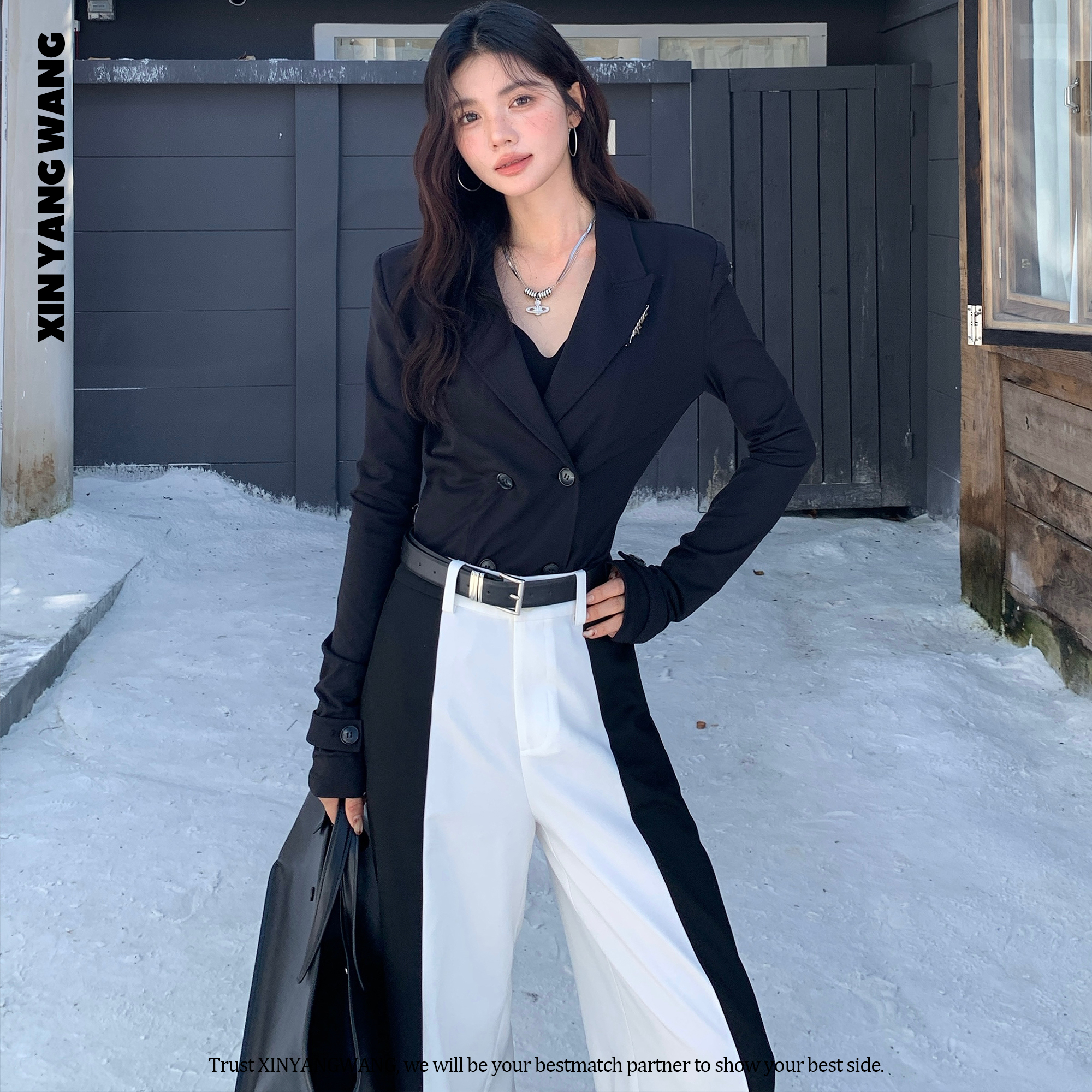 XYW黑白拼接阔腿西裤+收腰深V西装套装X202501001+02