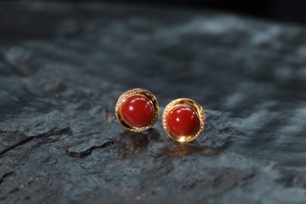 东方美学中国风优雅气质款全纯满肉锦红圆耳环耳饰耳钉