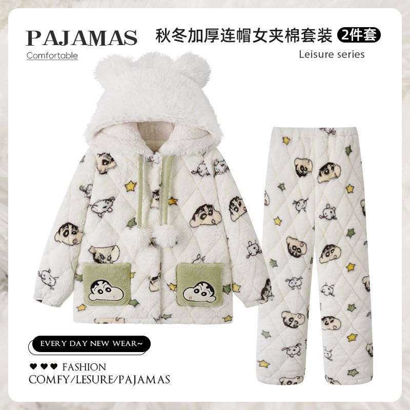 省服冬季蜡笔小新睡衣女士长毛绒三层夹棉加绒加厚款舒适家居服