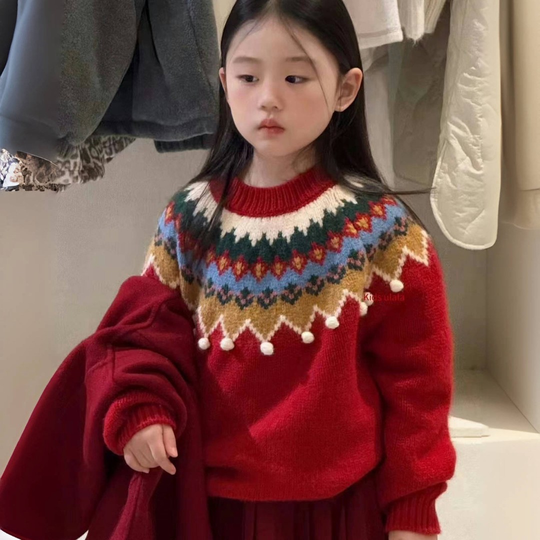 女童红色费尔岛毛衣秋冬季新款儿童女宝保暖慵懒穿搭针织衫上衣