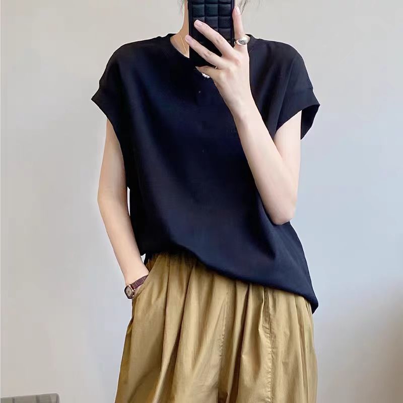 1318纯色韩版夏装简约吸汗飞飞袖圆领肤感T恤设计感