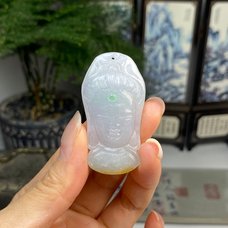 飘绿飘黄翡观音挂件 天然翡翠A货