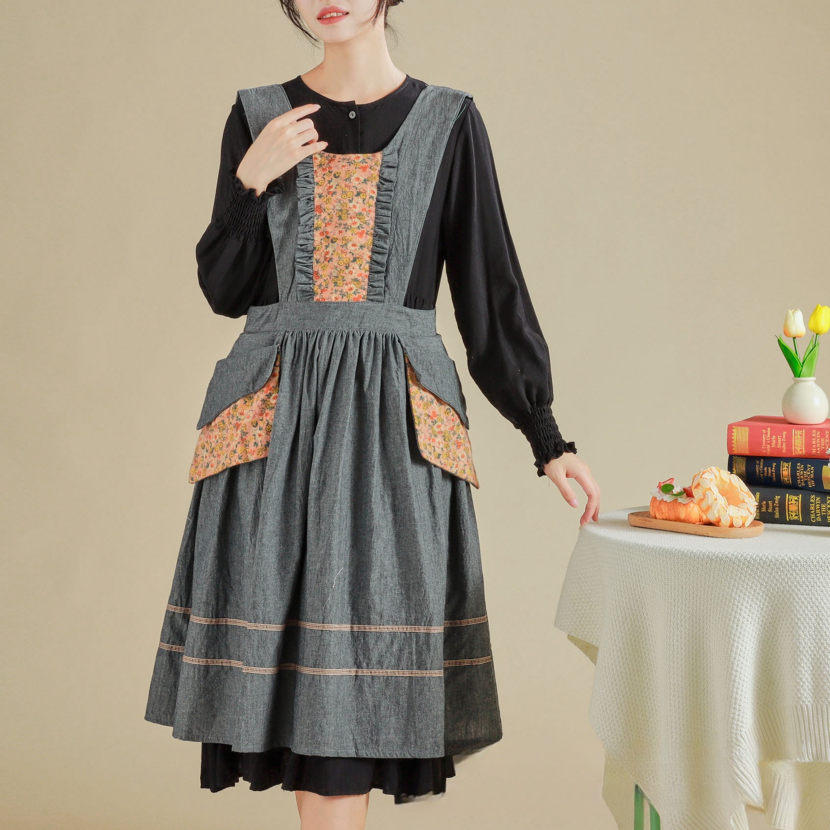 韩系简约时尚围裙女好看做饭家用工作服厨房花店插花围腰薄款透气