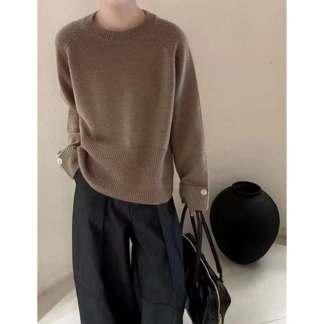 【亮片袖咖】长袖网红百搭打底宽松圆领毛衣