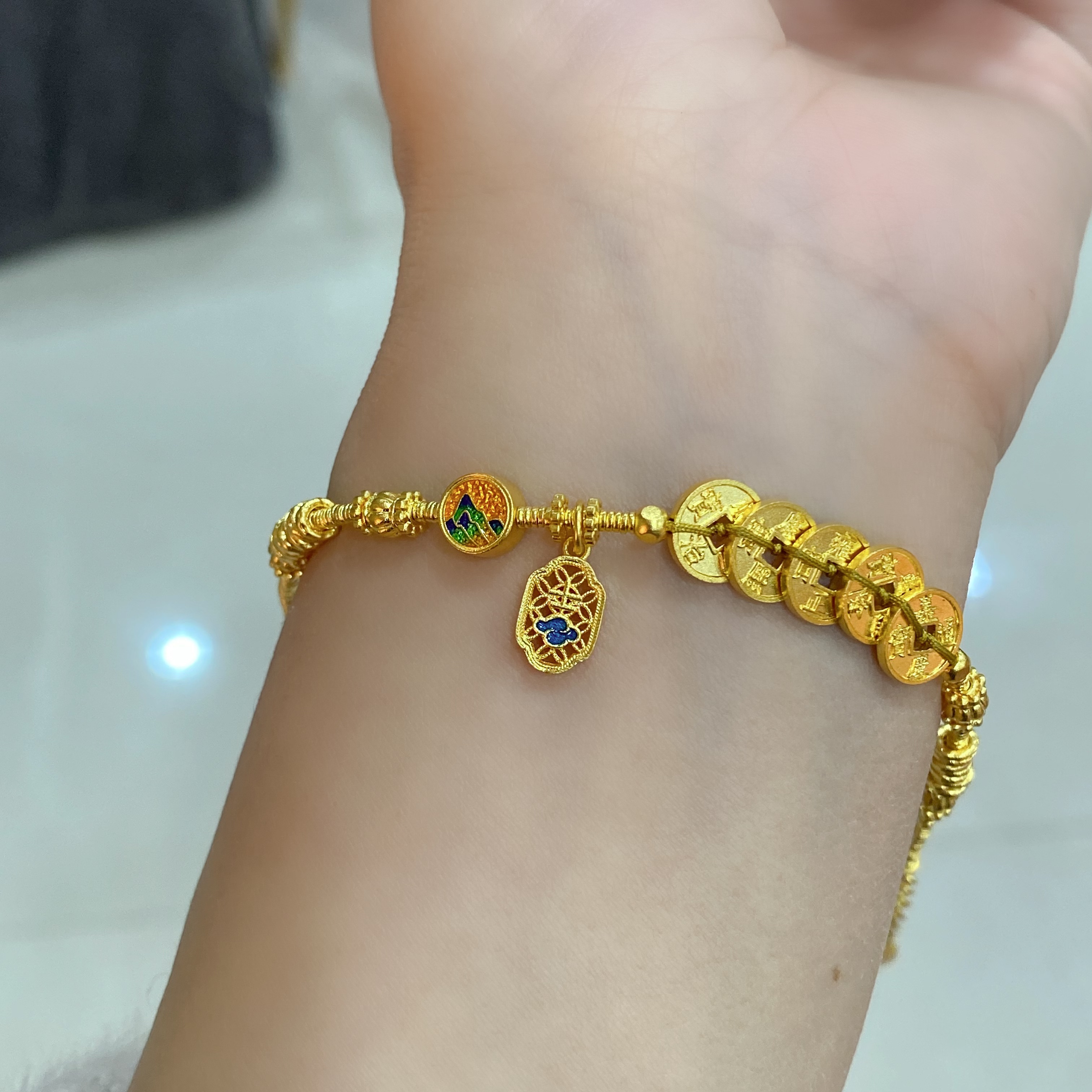 黄金足金999.9古法五帝钱盘缠 烧蓝珐琅精工高纯度手链净重15.5克