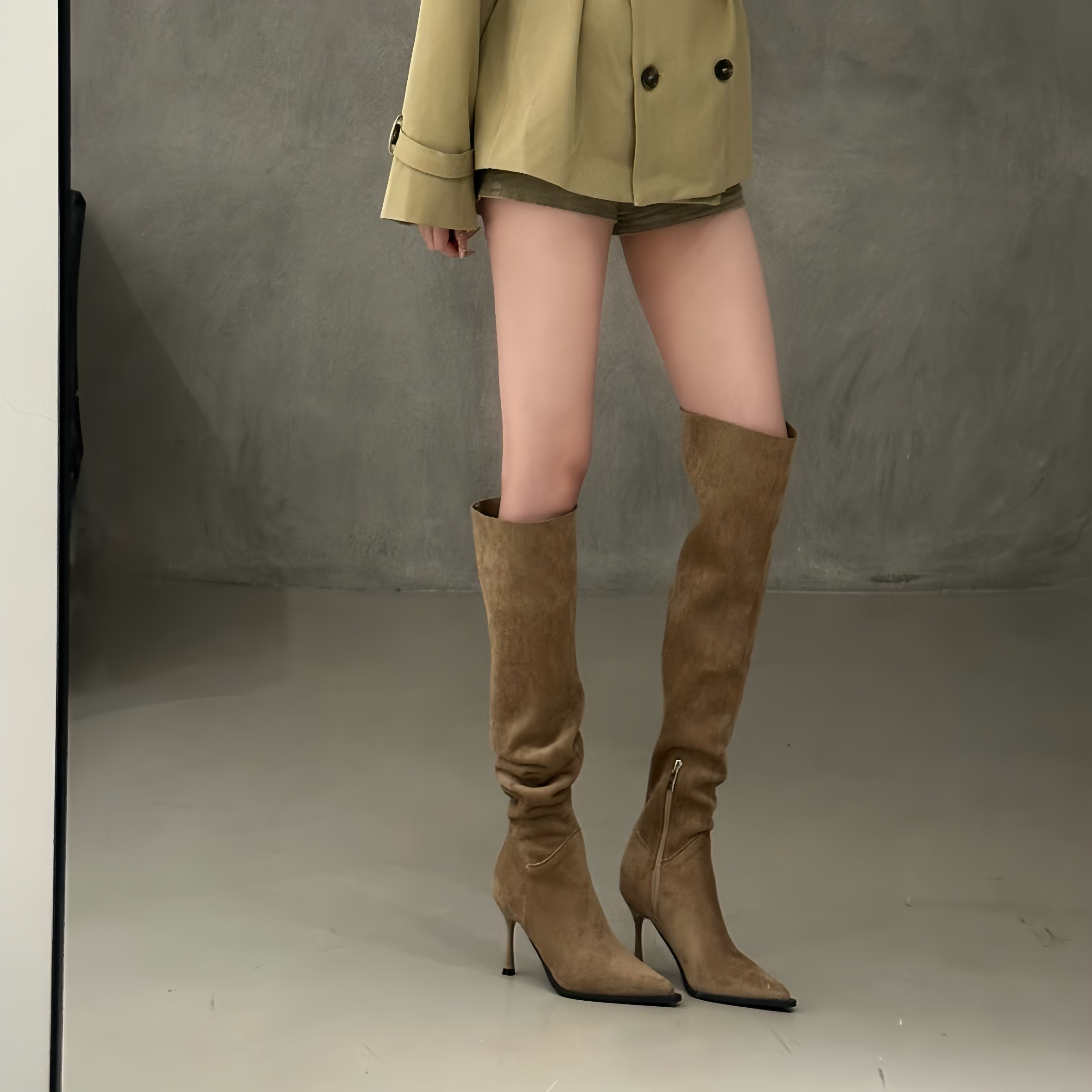 2025春秋新款尖头细跟高筒靴女小众设计感高跟过膝长靴两穿堆堆靴