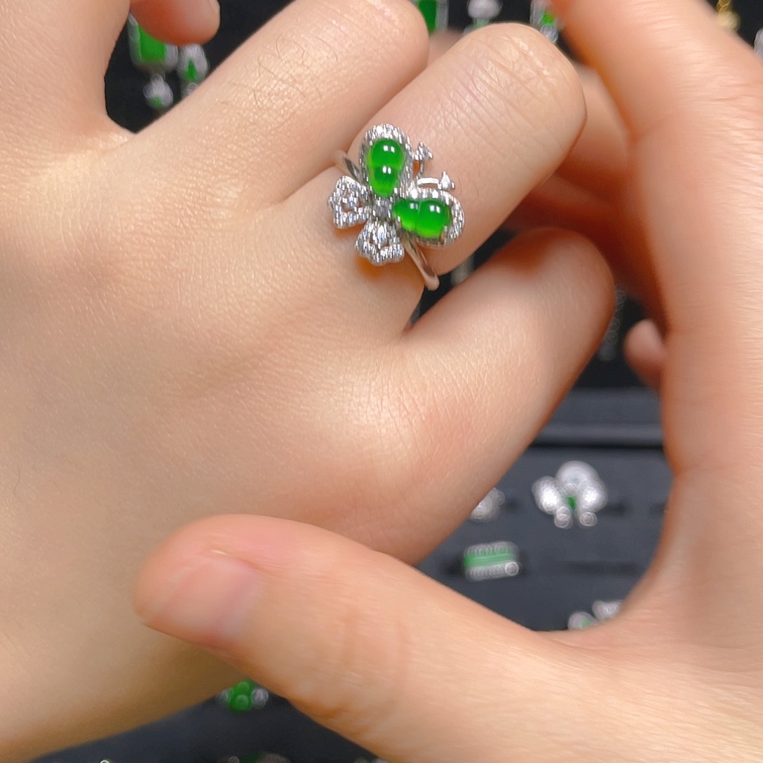 翡翠戒指银S925镀金镶嵌戒指