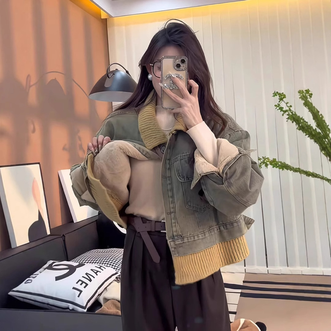 复古短款加绒加厚牛仔外套女秋冬新款宽松设计感拼接时尚上衣夹克