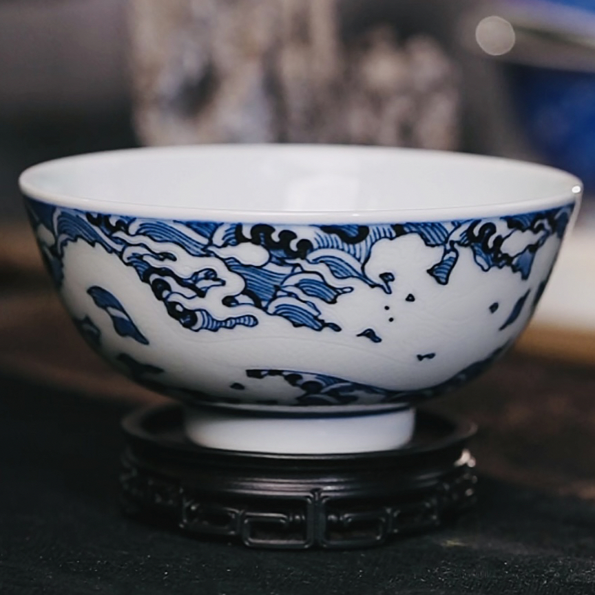 【黄老邪真选】觉山隐窑｜仿明青花双龙带内暗刻龙大茶杯陶瓷主人杯