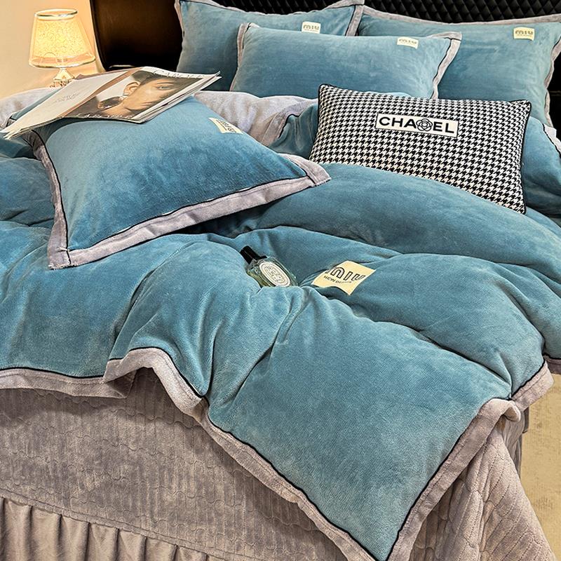 水星高端家纺色双拼加厚牛奶绒被罩珊瑚绒夹棉床盖四件套冬天法兰