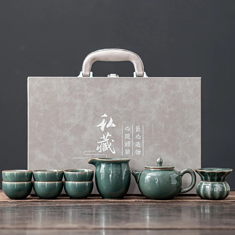 梅青哥窑礼盒哥窑蜜釉功夫茶具套装带过滤适合家用办公会客泡茶