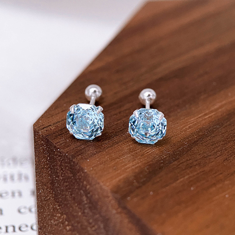 足银耳饰 足银999高级感八边切千禧玫瑰锆石耳钉螺丝耳骨蓝色