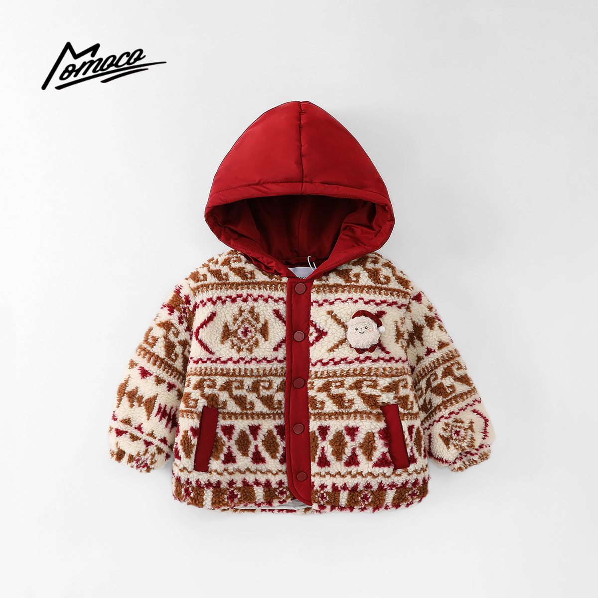 MOMOCO冬季男女童潮流条纹圣诞老人棉服连帽外套77430123027