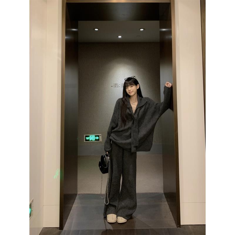 休闲套装慵懒风宽松飘带长袖套头毛衣女秋季穿搭针织阔腿裤套装