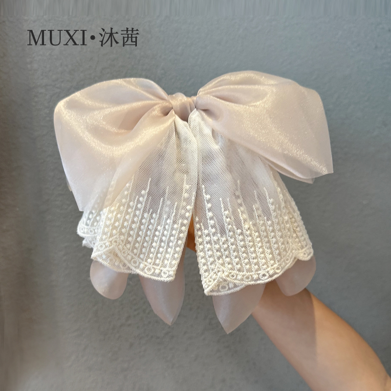 韩系藕粉色网纱蕾丝蝴蝶结发夹马尾夹温柔显发量抓夹发饰精致夹子