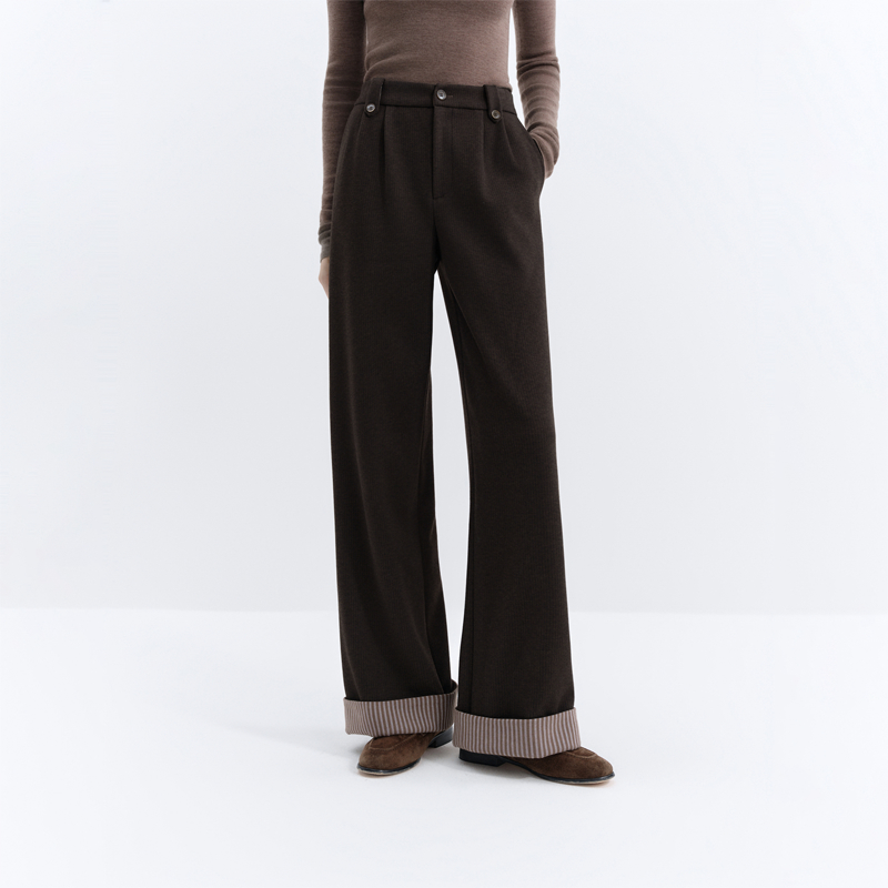 范思蓝恩显瘦通勤款毛呢质感翻边条纹裤新款阔腿裤25FS14484