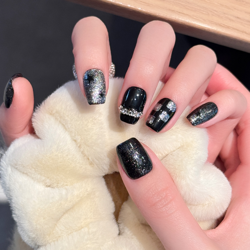 纯手工穿戴甲【棋盘星空】显白高级ins时尚轻奢黑白棋盘格短款甜酷