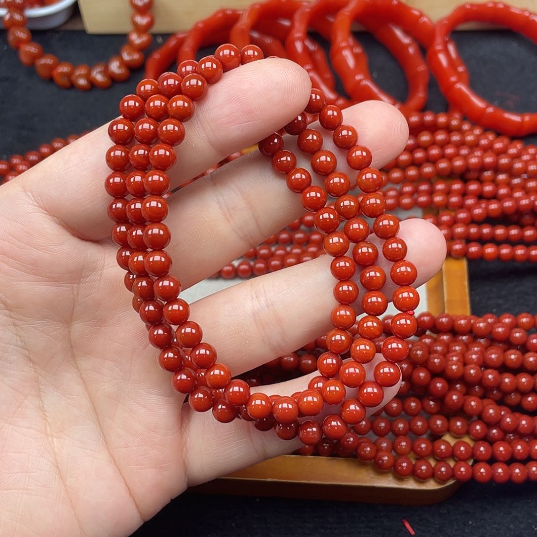 未镶嵌1号瓦西牛血红卡6圆珠108南红玛瑙