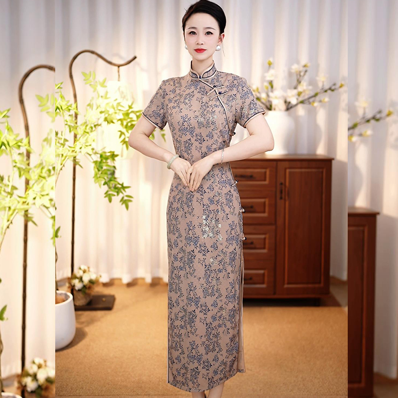 【德喜娟03】2025春夏新款高端印花复古中国风走秀长款旗袍连衣裙