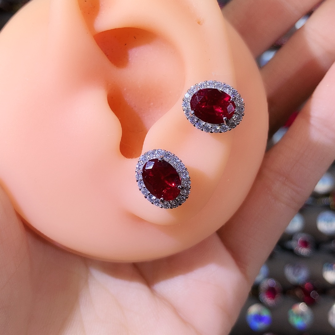 银S925镶嵌耳饰红宝石酒红白68