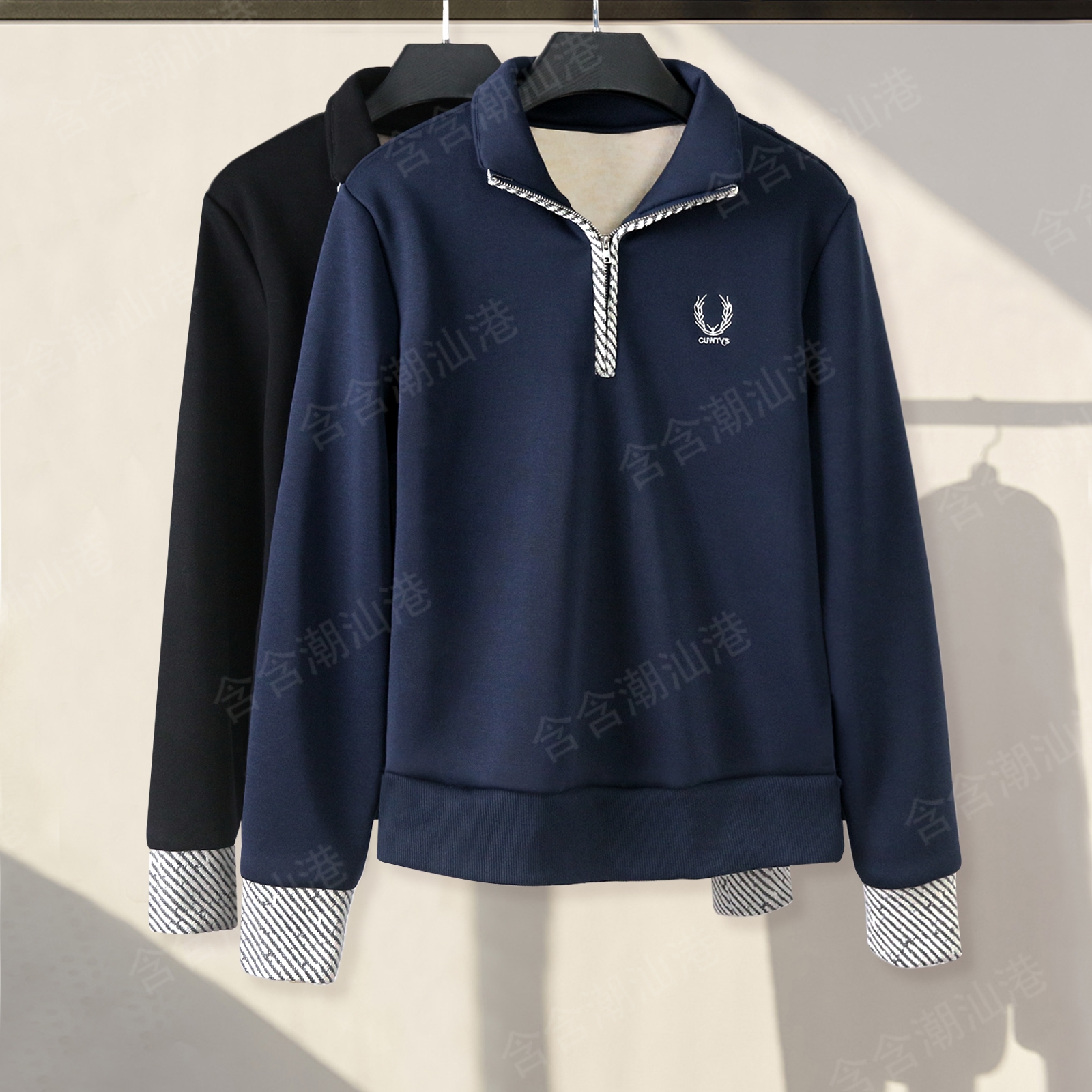 2025冬季新款打底衫上衣女重工刺绣半拉链斜纹拼接时尚休闲上衣女