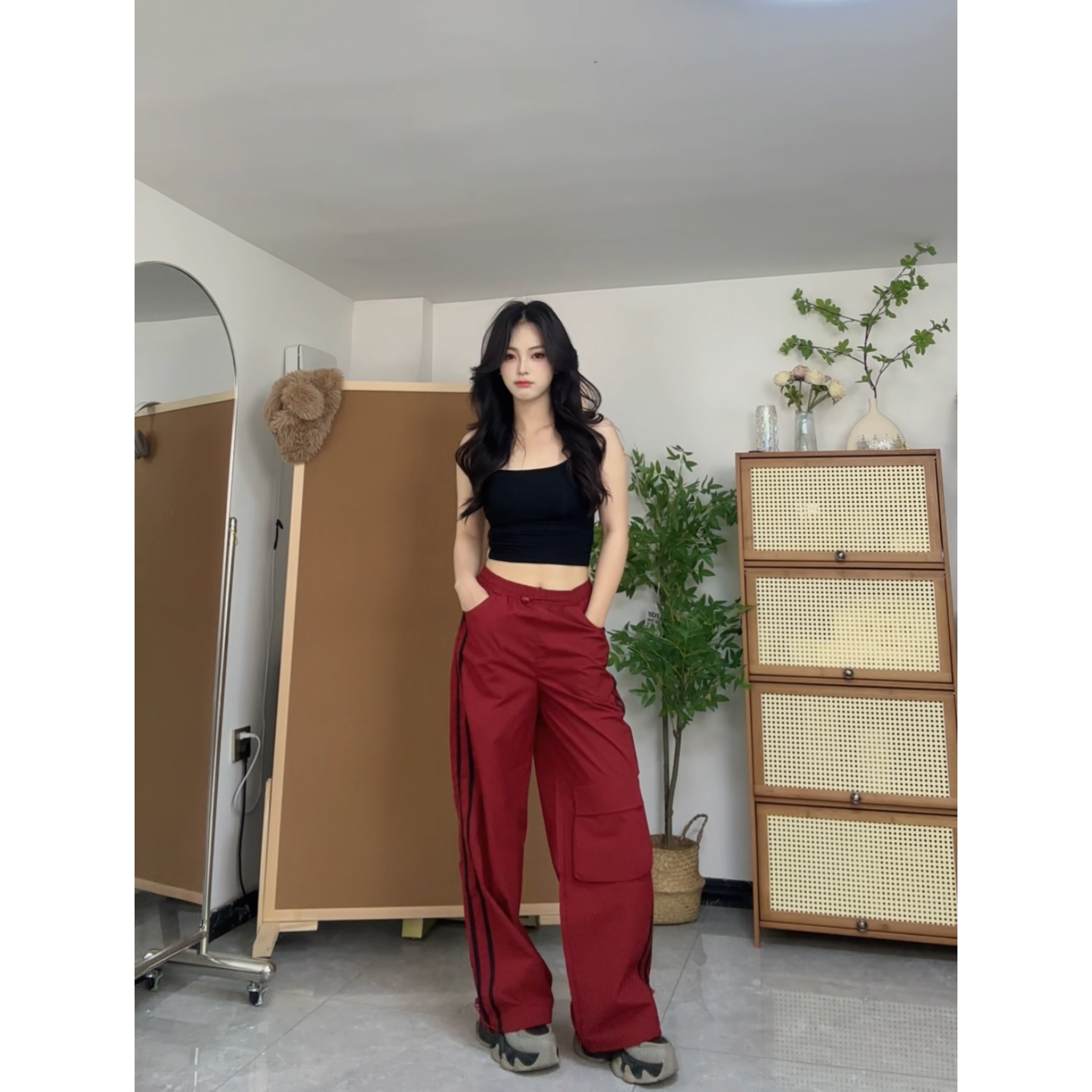 夏季休闲高腰工装裤宽松显瘦户外时尚直筒美式运动百搭复古阔腿裤