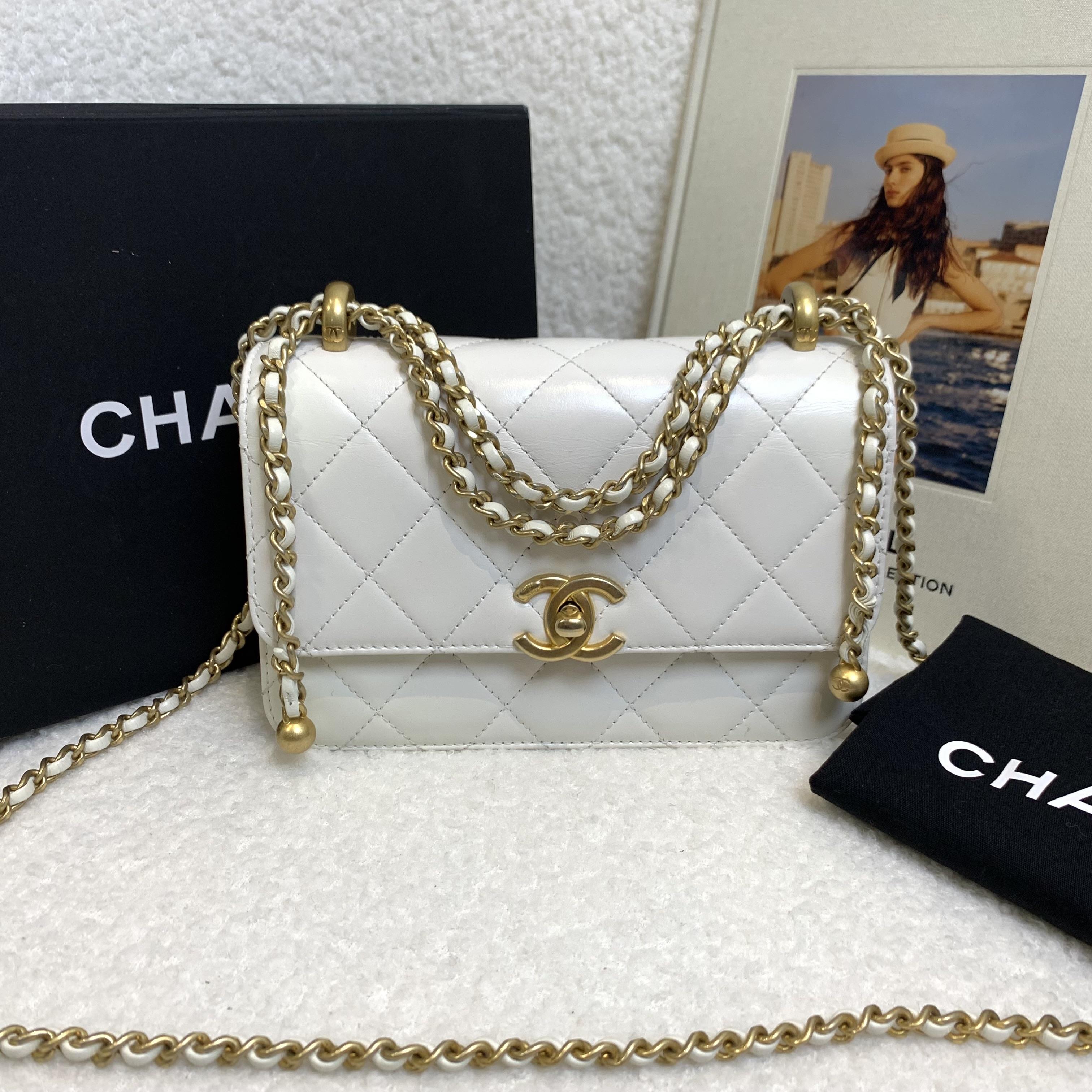 99新 Chanel/香奈儿 壹臻/21A白金双金珠19口盖包/71873541
