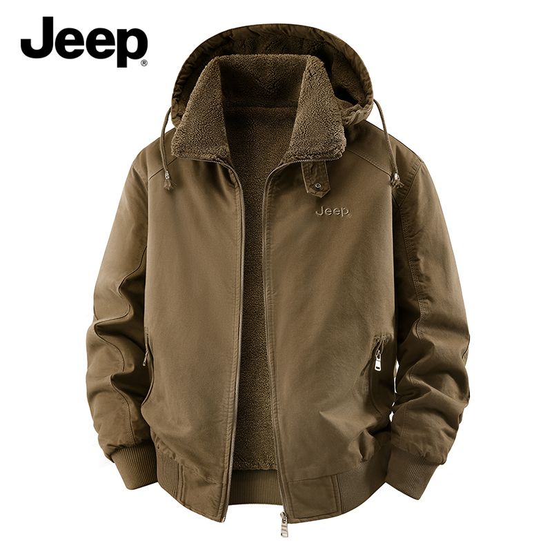 JEEP吉普官方正品水洗多口袋工装可脱卸帽加绒加厚棉服外套
