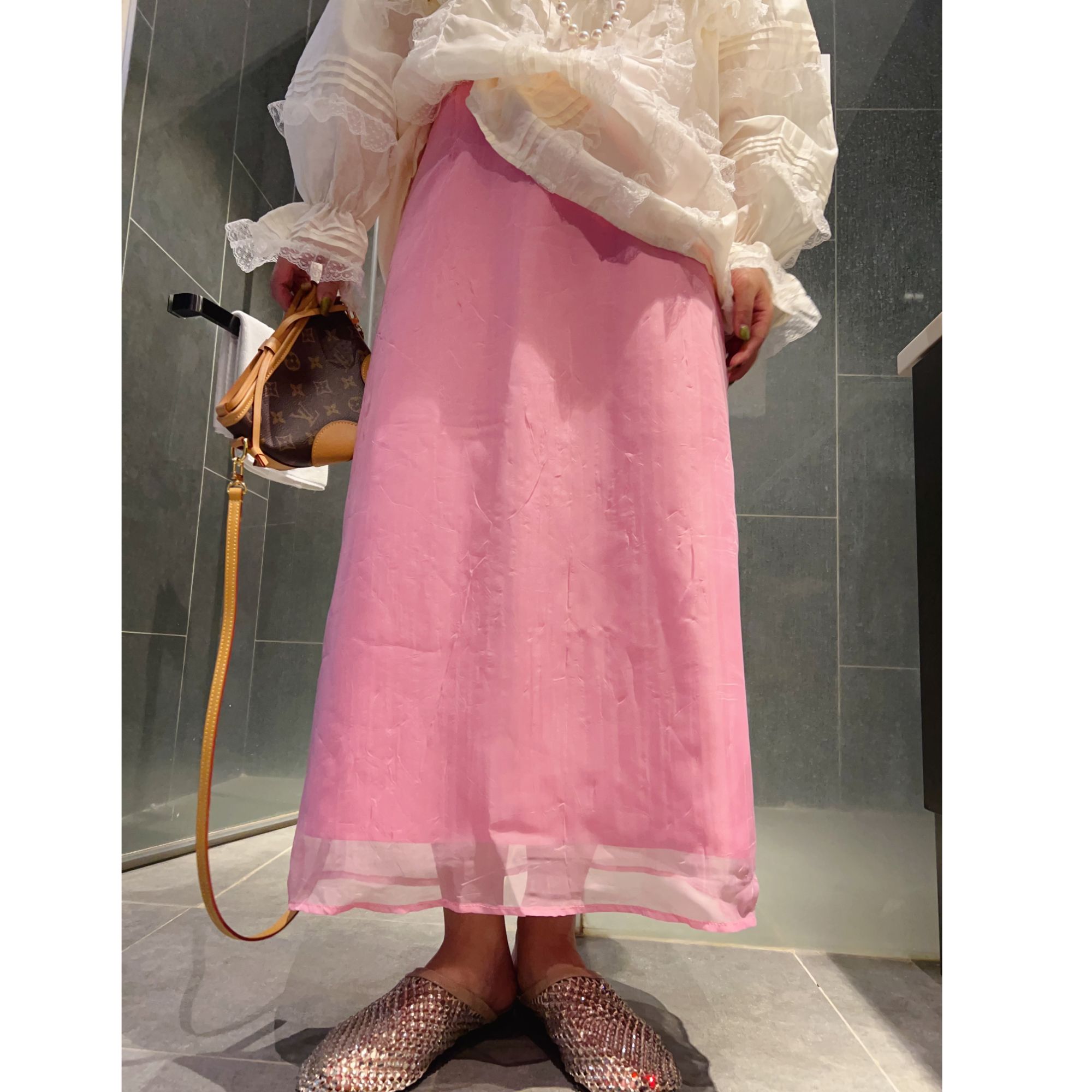 夏季新款双层褶皱半身裙女温柔风肌理感后开叉网纱长裙女