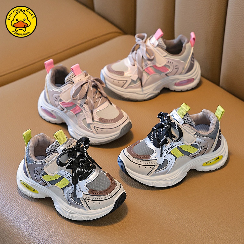 小黄鸭女童鞋子2025春秋季新款皮面防水老爹鞋公主休闲儿童运动鞋