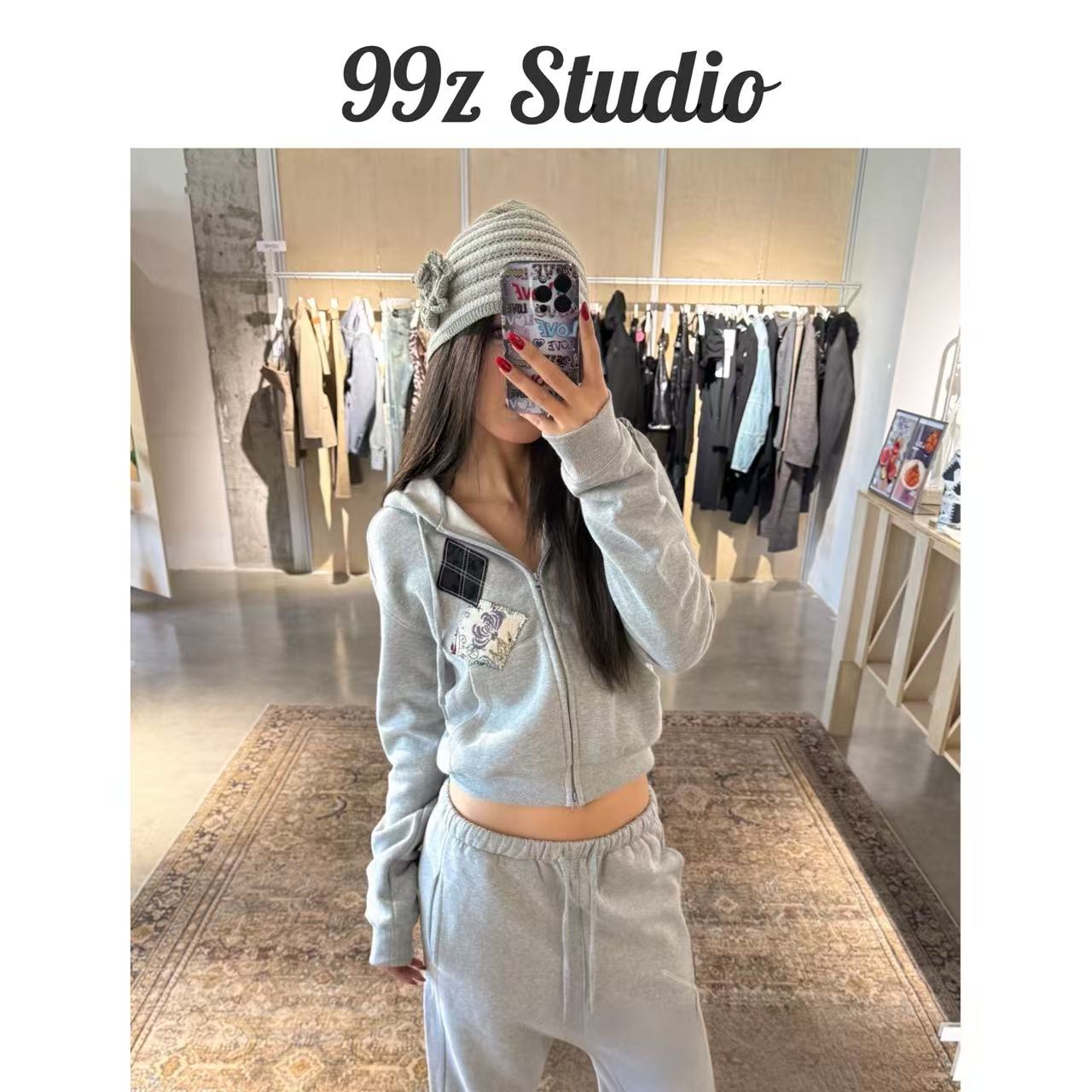 【99z Studio】opyy韩国小众贴布连帽双拉链短款卫衣加绒外套