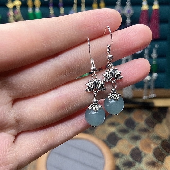 石英质玉耳钉银S925镶嵌