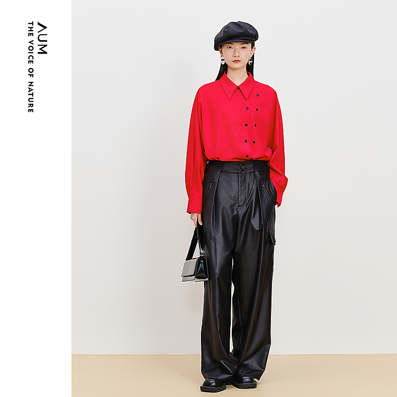 AUM噢姆秋冬时尚百搭休闲宽松设计感红色衬衫女M1EG40989