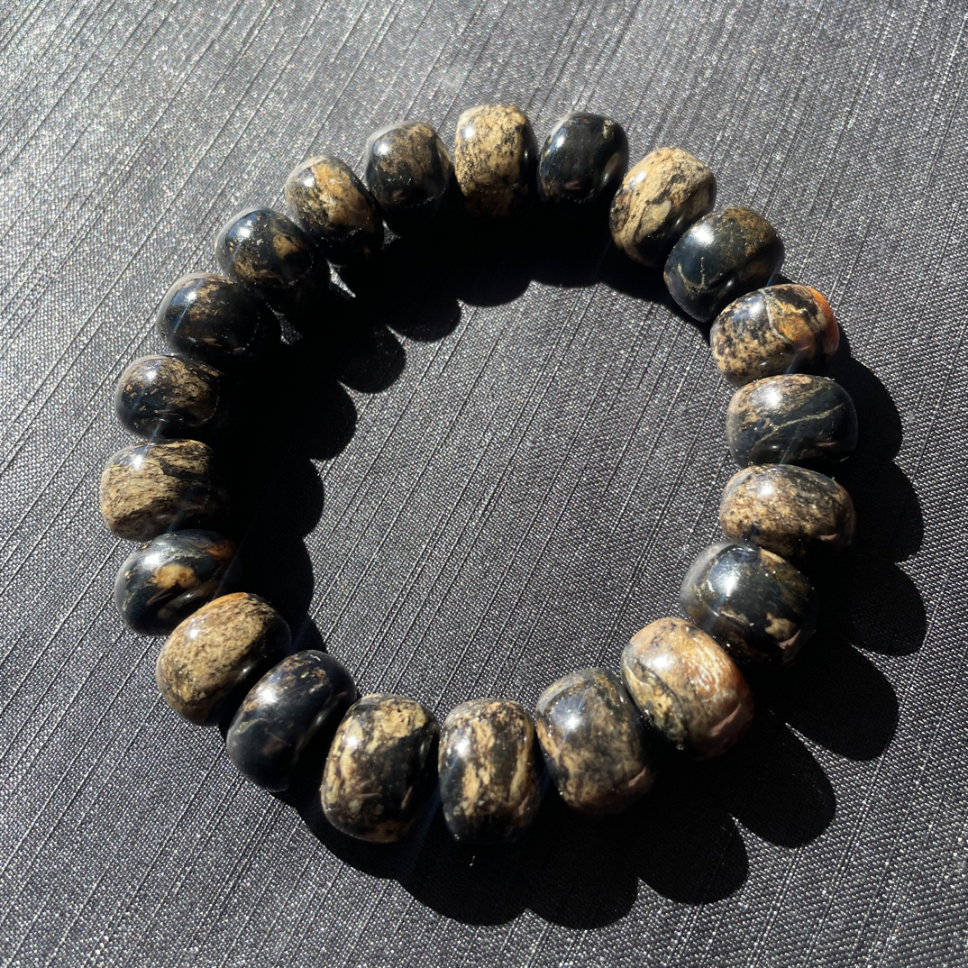 缅甸天然琥珀蜜蜡，黑花根算盘珠手串，规格14mm，男女同款！