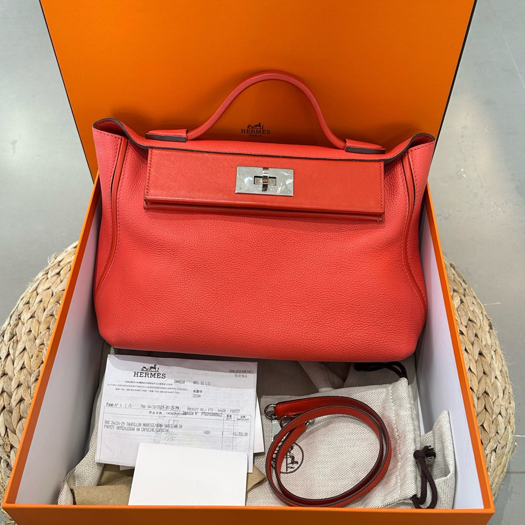 99新 Hermes/爱马仕 99新-2424-29cm手提斜挎包swfit皮蜜桃粉