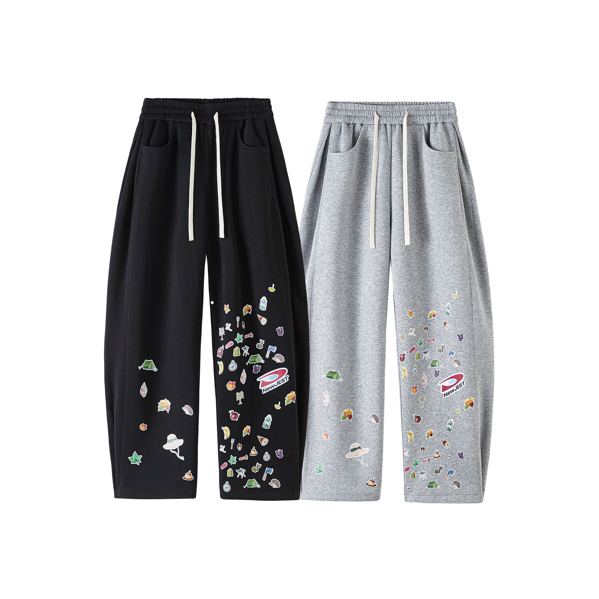 【王德发】3327美式复古透气印花卫裤夏季松紧腰宽松休闲裤