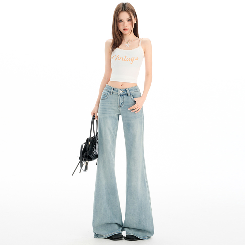 【小黄梨】美式浅蓝辣妹低腰喇叭裤不贴腿百搭显瘦弹力牛仔裤