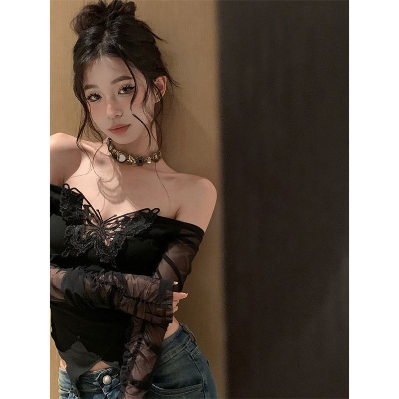 一字肩长袖网纱拼接T恤女秋纯欲性感蝴蝶镂空辣妹设计感短款上衣
